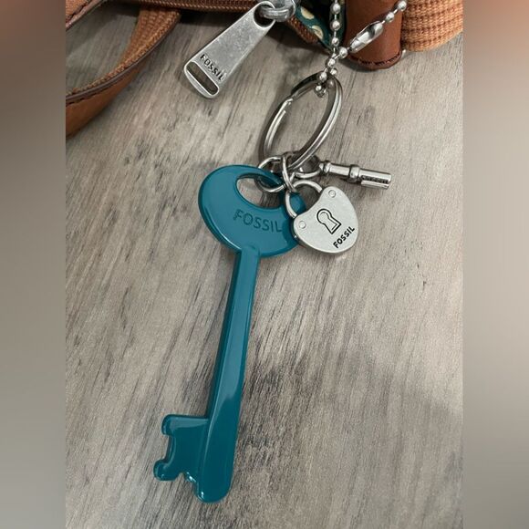 Fossil Keyper Tan Pink Orange Floral PVC Coated Textile CrossbodyPurse W/Key Tag - Picture 8 of 12